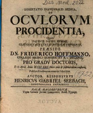 Dissertatio Inavgvralis Medica, De Ocvlorvm Procidentia