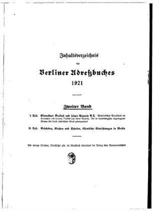 Inhaltsverzeichnis des Berliner Adreßbuches 1921