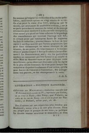 Littérature. - Politique Raisonnée.