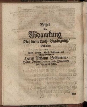 Folget Die Abdanckung Bey dieser Leich-Begängnüß