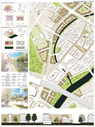 Spandau bei Berlin Schinkelwettbewerb 2014: Lageplan 1:1000, Erläuterungen, Diagramme, perspektivische Ansichten