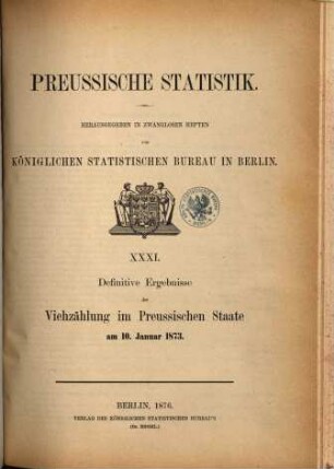 Definitive Ergebnisse der Viehzählung im Preussischen Staate. 31 = 1873 (1876), 10. Jan.