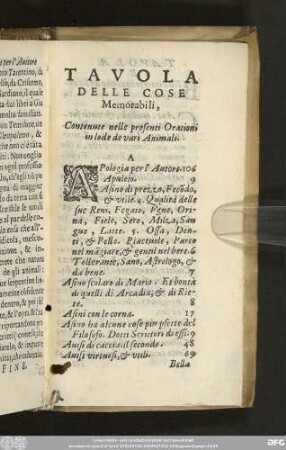 Tavola Delle Cose Memorabili, Contenute nelle presenti Orationi in lode de vari Animali.