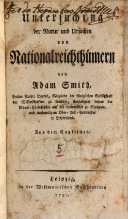 Untersuchung der Natur und Ursachen von Nationalreichthümern. Bd. 5