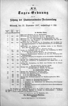 Tages-Ordnung No. 16. (387-407), 25. September 1907