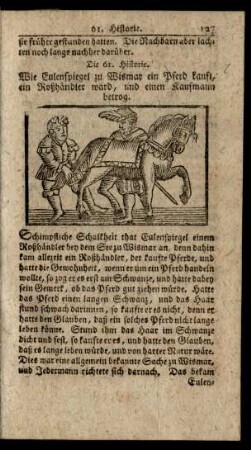 Die 61. Historie. Wie Eulenspiegel zu Wismar ein Pferd kauft, ein Roßhändler ward, und einen Kaufmann betrog