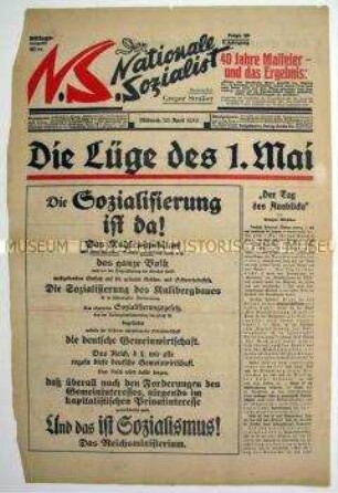 Titelblatt der nationalsozialistischen Wochenzeitung "Der nationale Sozialist" zum 1. Mai