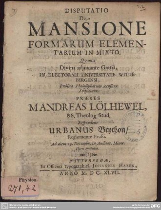 Disputatio De Mansione Formarum Elementarium In Mixto