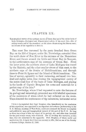 Topographical survey of the northern shores of Green Bay and of the entire basin of Lake Michigan - Geological and Mineralogical indicia of the coast line - Era of sailing vessels and of the steamboat on the la