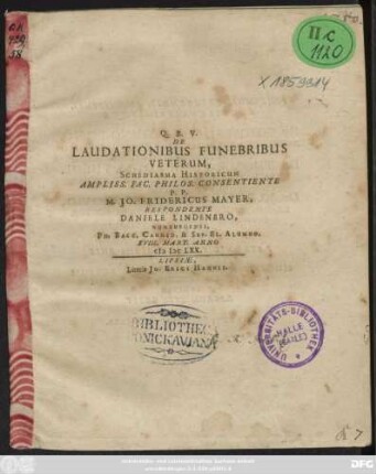 De Laudationibus Funebribus Veterum, Schediasma Historicum