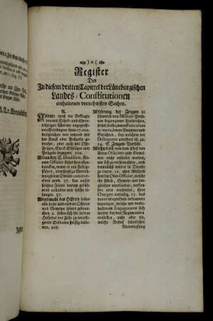 Register Der In diesem dritten Capittel der Lüneburgischen Landes-Constitutionen enthaltenen vornehmsten Sachen.
