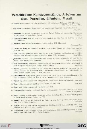 Verschiedene Kunstgegenstände, Arbeiten aus Glas, Porzellan, Elfenbein, Metall (Nr. 70-115a)