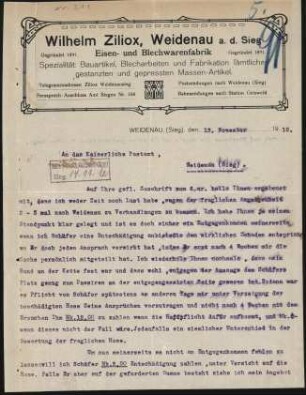 Firmenbriefkopf Ziliox, Wilhelm, Weidenau a. d. Sieg, Eisen- und Blechfabrik