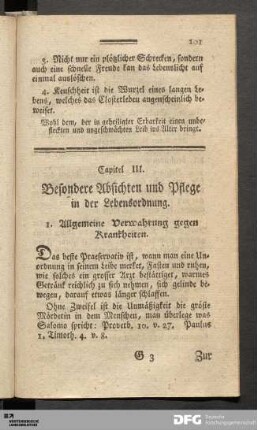 Capitel III. Besondere Absichten und Pflege in der Lebensordnung.
