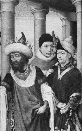 Vier Männer in einem Säulenhof, Fragment