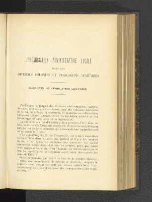 L´organisation administrative locale dans les diverses colonies et possessions africaines