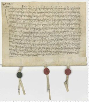 Testament des Bürgers Dyderik Burmester, mitbesiegelt von den Ratsmannen Hinrik Bere und Ludeke Thobing.