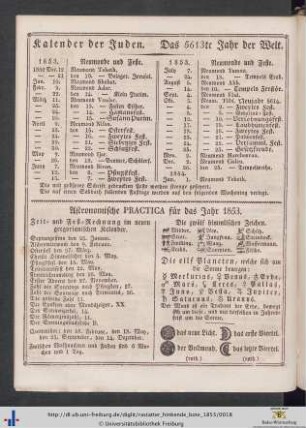 Kalender der Juden. Das 5613te Jahr der Welt.