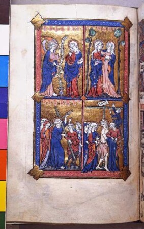 Ganzseitige Miniatur: Verkündigung, Visitation, Kreuztragung, Ankunft Christi auf Golgatha
