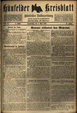 Erste Ausgabe vom Donnerstag, den 08. Mai 1930.