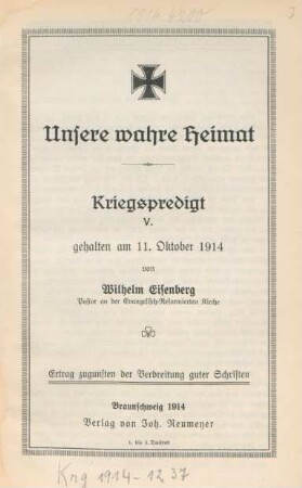 5: Unsere wahre Heimat : ... gehalten am 11. Oktober 1914