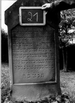 Grabstein 21 (Index: 100107110) Material: Sandstein Zustand: unten leicht verwittert Maße HxBxT: 127x51x20 cm Beschreibung: Stele, Sockel, abgeflachter giebelartiger Abschluß: Grabstein 21A