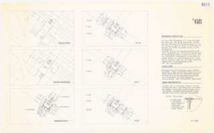 Freizeitanlage am Tegeler See, Berlin Schinkelwettbewerb 1969: Grundrisse Erdgeschoss, Zwischengeschoss, Wohngeschoss Typen A,B,C,D 1:200