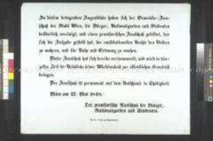 Maueranschlag: Mitteilung über die Bildung des Sicherheits-Ausschusses; Wien, 27. Mai 1848