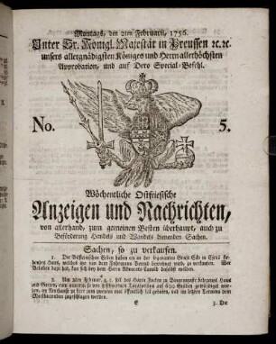 No. 5. Montags, den 2ten Februarii, 1756.