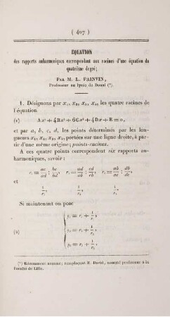 Equation des rapports anharmoniques correspondant aux racines d'une équation du quatrième degré.