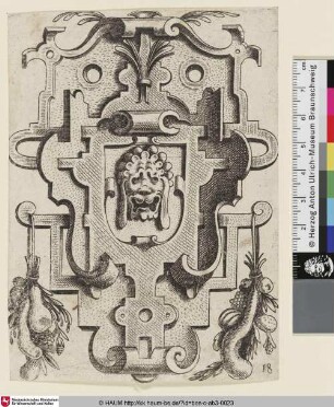 [Ornamentale Kartusche mit Maske; A lion-mask in the centre field]