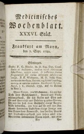 XXXVI. Stück. Frankfurt am Mayn, den 7. Sept. 1782. - XXXIX. Stück. Frankfurt am Mayn, den 28. Sept. 1782.