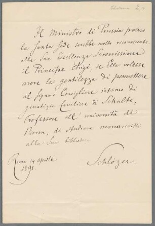 Nachlass von Johann Friedrich von Schulte (1827-1914) – BSB Schulteana, 2.10. Johann Friedrich von Schulte (1827-1914) Nachlass: Brief von Kurd Schlözer an Unbekannt - BSB Schulteana 2.10