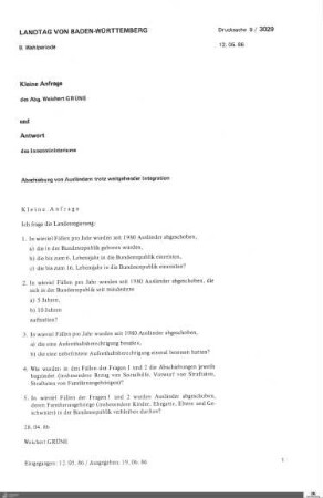 Anfrage der Grünen zur Abschiebung von Ausländern trotz weitgehender Integration