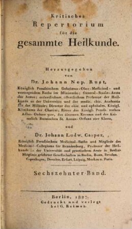Kritisches Repertorium für die gesammte Heilkunde. 16. 1827