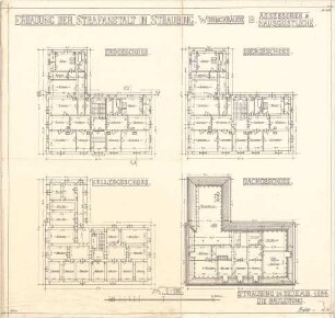 ohne Verfasserangabe; Straubing (Bayern); Zuchthaus - Wohngebäude B., Assessoren u. Hausgeistliche (Grundriss Keller, Grundriss EG, Grundriss OG, Grundriss DG)