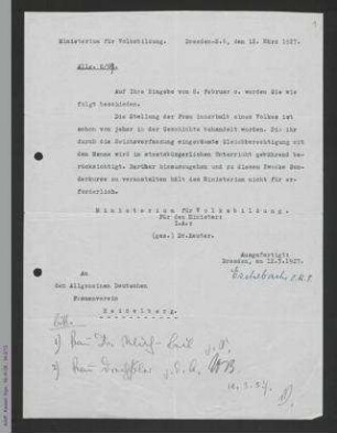 Brief des Ministeriums für Volksbildung an den ADF