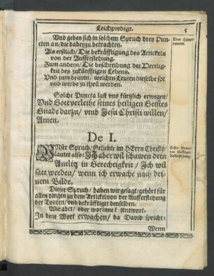 De I. [Erster Punct/ von künfftiger Aufferstehung.]