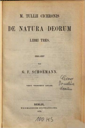 M. Tullii Ciceronis De natura deorum libri tres
