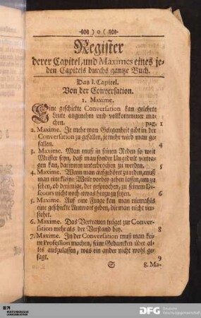 Register derer Capitel, und Maximes eines jeden Capitels durchs gantze Buch.