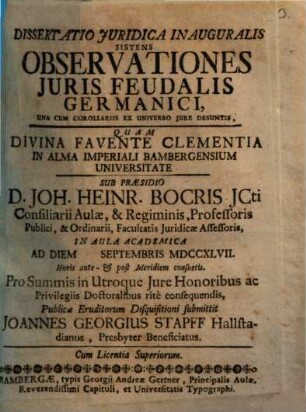 Dissertatio Juridica Inauguralis Sistens Observationes Juris Feudalis Germanici : Una Cum Corollariis Ex Universo Jure Desumtis