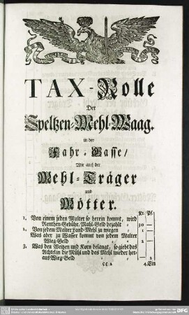 Tax-Rolle Der Speltzen-Mehl-Waag. in der Fahr-Gasse, Wie auch der Mehl-Träger und Mötter