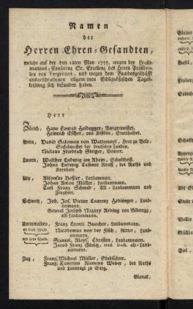 Namen der Herren Ehren-Gesandten, ...