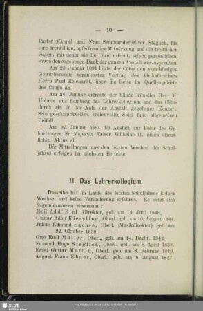 II. Lehrerkollegium