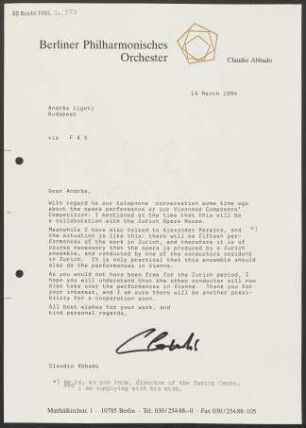 Brief an András Ligeti, 14.03.1994