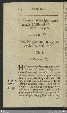 Institutionum seu Elementorum Divi Iustiniani Sacratissimi Principis, Liber IV.