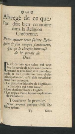 Abrege de ce que l'on doit bien connoitre dans la Religion Chretienne.