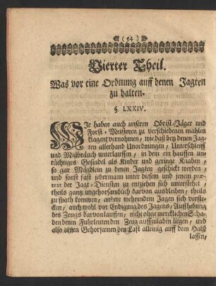 Vierter Theil. Was vor eine Ordnung auff denen Jagten zu halten