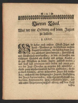 Vierter Theil. Was vor eine Ordnung auff denen Jagten zu halten