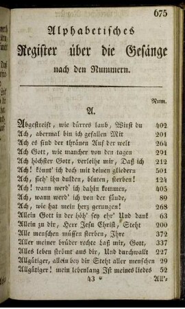 Alphabetisches Register über die Gesänge nach den Nummern.